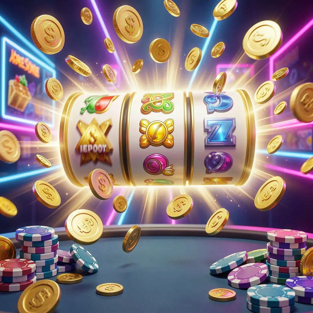 Konsep bonus putaran gratis kasino online 777YK yang menampilkan gulungan mesin slot berwarna-warni berputar dengan efek cahaya emas, koin beterbangan, simbol jackpot, dan chip kasino pada latar belakang neon yang semarak dalam render 3D dinamis