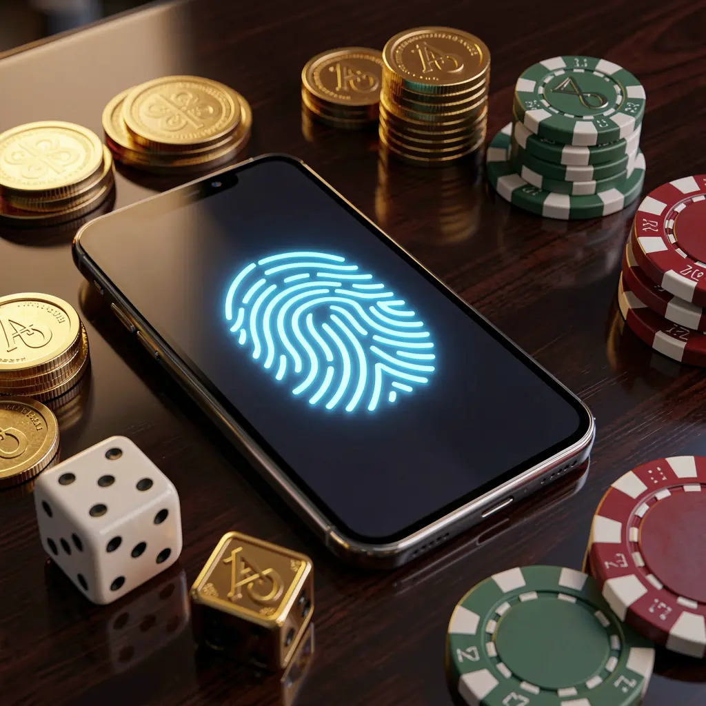 Adegan akses akun permainan online 777YK yang menampilkan ponsel pintar dengan ikon sidik jari bercahaya, dikelilingi koin emas, dadu, dan chip poker di atas meja mengilap dengan pencahayaan sinematik