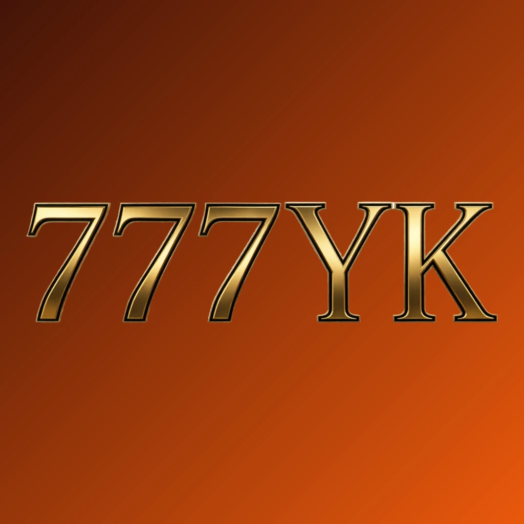 Luxury horizontal rectangular wordmark logo for 777YK with elegant gold serif typography on a black background, featuring minimal ornament details and a transparent background